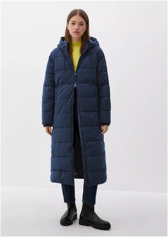 Куртка Q/S by s.Oliver, демисезон/зима, удлиненная, силуэт прямой, стеганая, несъемный капюшон, карманы, регулируемый край, манжеты, подкладка, синий